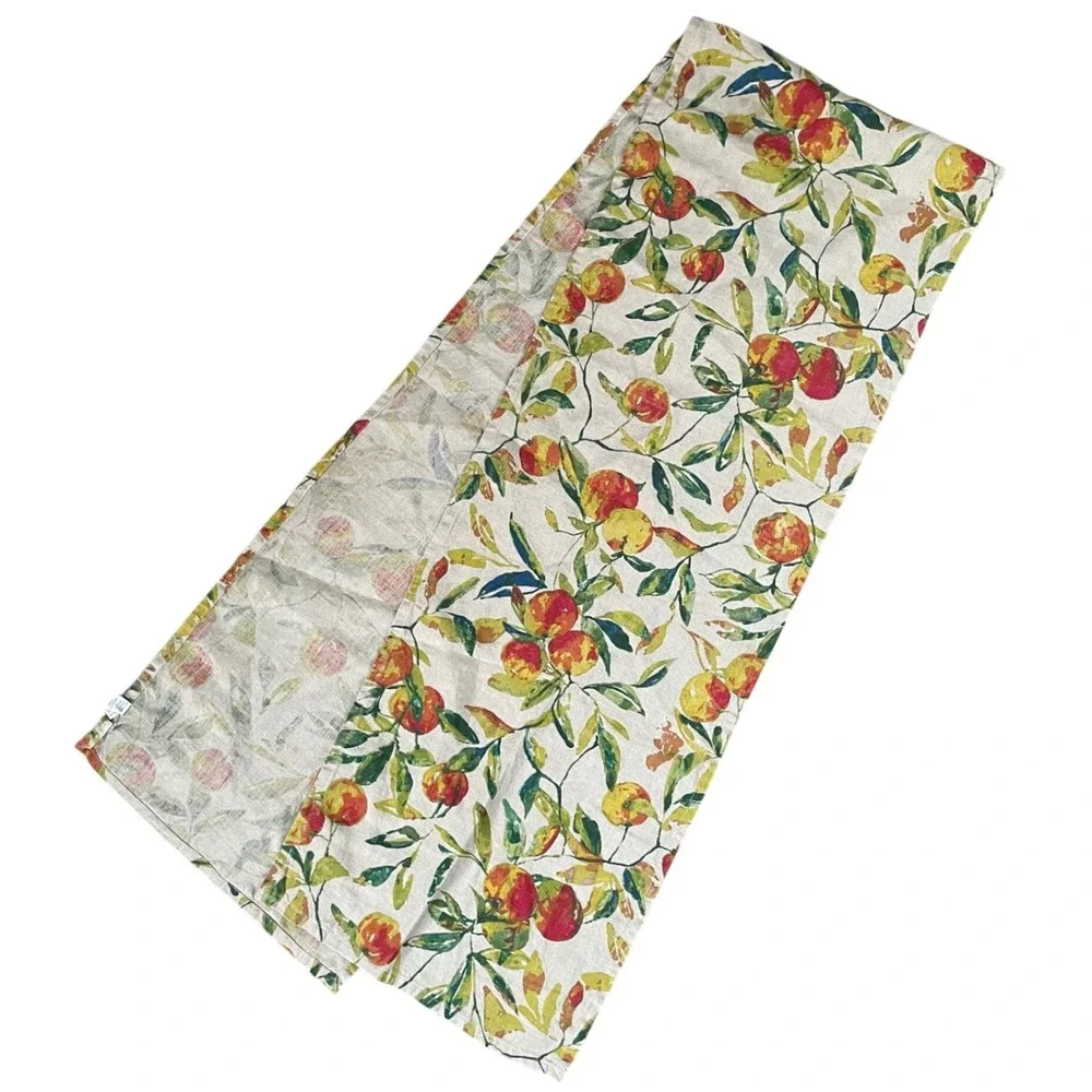 World Market Table Runner 100% Linen Green Orange Fruit Peaches Vibrant 16 x‎ 90